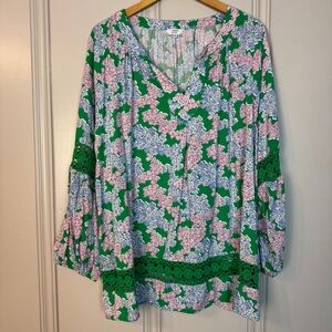 Crown & Ivy Hydrangea Floral Puff‎ Sleeve Peasant Top Crochet  detail Rayon XXL